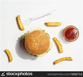 flat lay burger with fries ketchup. Resolution and high quality beautiful photo. flat lay burger with fries ketchup. High quality beautiful photo concept