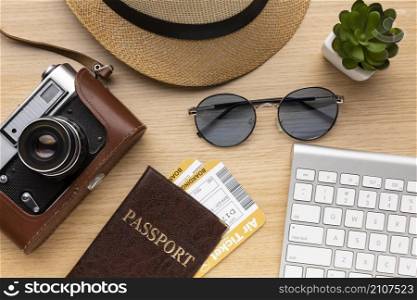 flat lay camera passport arrangement