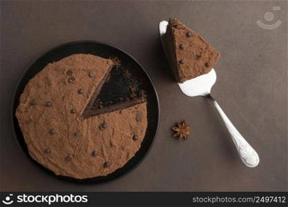 flat lay chocolate cake with cocoa powder spatula