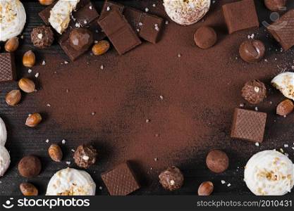 flat lay chocolate sweets mix cocoa powder pink background with copy space