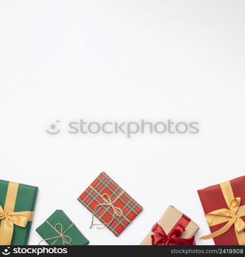 flat lay christmas gifts white background with copy space