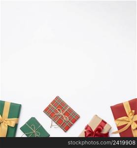 flat lay christmas gifts white background with copy space