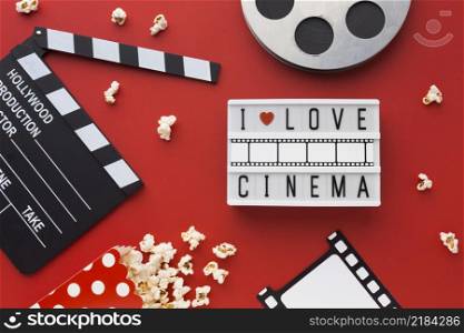flat lay cinema elements red background