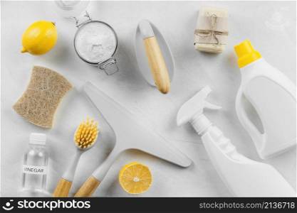 flat lay cleaning products with lemon baking soda