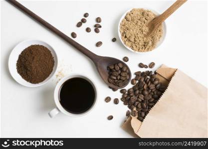 flat lay coffee beans powder