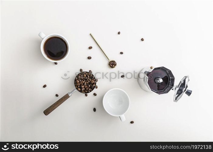 flat lay coffee cup with kettle empty mug. High resolution photo. flat lay coffee cup with kettle empty mug. High quality photo