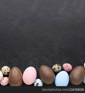 flat lay colorful easter eggs chocolate ones
