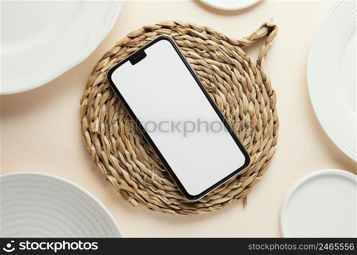 flat lay composition beautiful tableware with empty smartphone