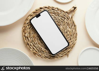 flat lay composition beautiful tableware with empty smartphone