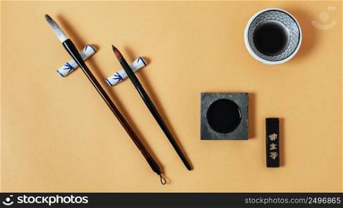 flat lay composition chinese elements with ink