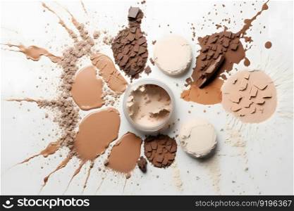 Flat lay composition with various makeup face powders on white background. Neural network AI generated art. Flat lay composition with various makeup face powders on white background. Neural network AI generated