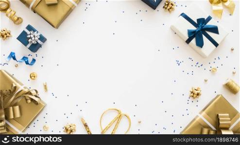 flat lay composition wrapped presents with copy space. Resolution and high quality beautiful photo. flat lay composition wrapped presents with copy space. High quality beautiful photo concept
