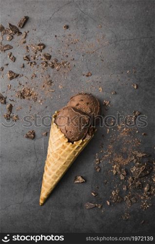 flat lay cone with ice cream table. High resolution photo. flat lay cone with ice cream table. High quality photo