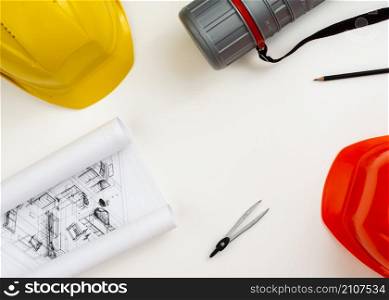 flat lay construction architect equipment with copyspace