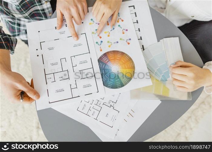 flat lay couple making plans redecorate house. Resolution and high quality beautiful photo. flat lay couple making plans redecorate house. High quality beautiful photo concept