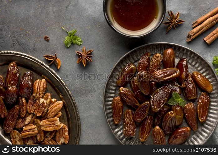 flat lay dates nuts arrangement