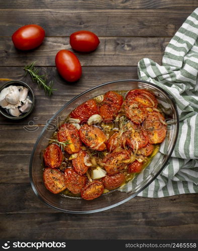 flat lay delicious meal with tomatoes