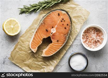 flat lay delicious salmon with herbs