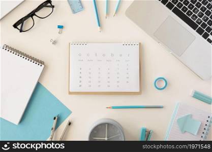 flat lay desk calendar blue office accessories. High resolution photo. flat lay desk calendar blue office accessories. High quality photo