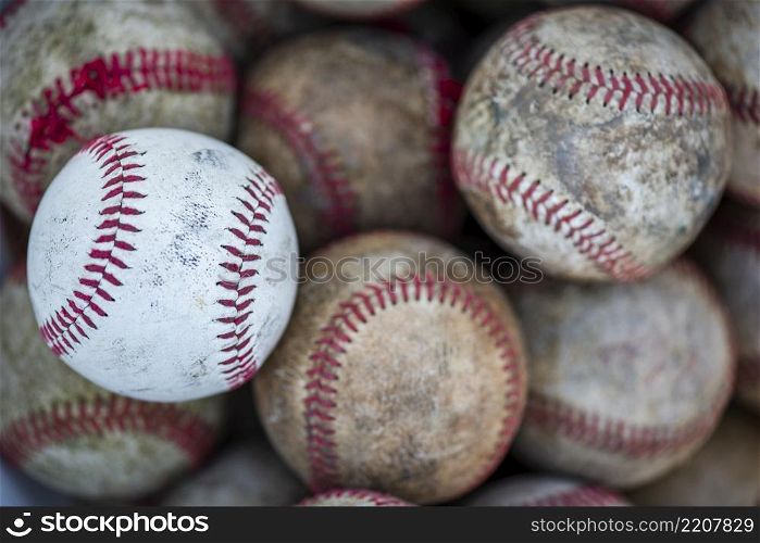 flat lay dirty baseballs