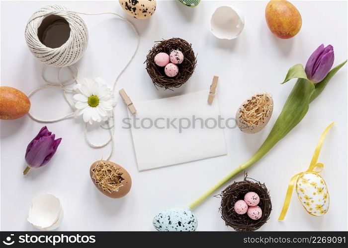 flat lay easter decorations eggs