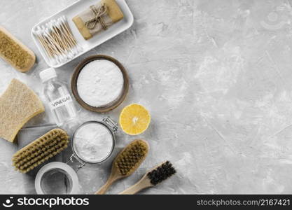 flat lay eco friendly cleaning products with copy space baking soda