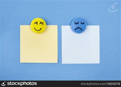 flat lay faces with emotions sticky notes blue monday. Beautiful photo. flat lay faces with emotions sticky notes blue monday