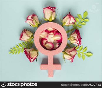 flat lay female symbol with roses women s day