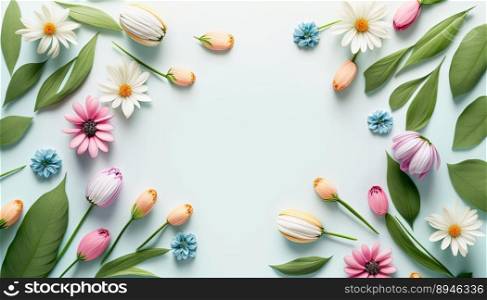 Flat Lay Flowers and Leaves Isolated On a White Background with Copy Space
