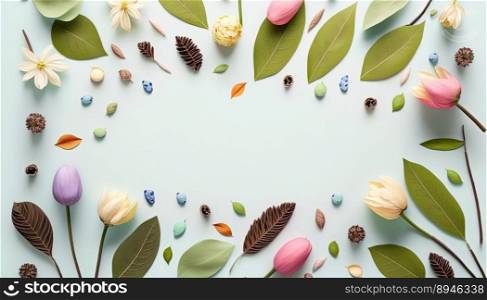 Flat Lay Flowers and Leaves On a White Background with Copy Space