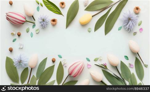 Flat Lay Flowers and Leaves On a White Background with Empty Space