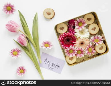 flat lay flowers card arrangement