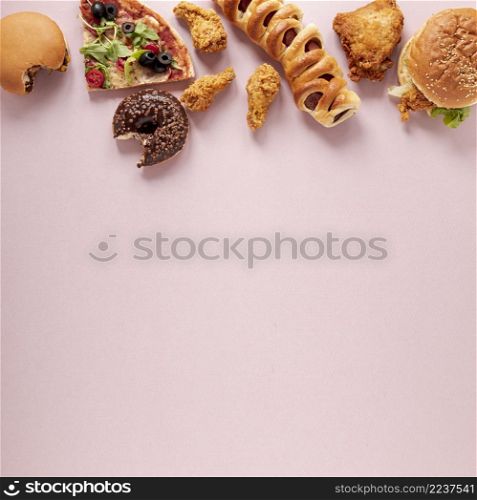 flat lay food frame with pink background