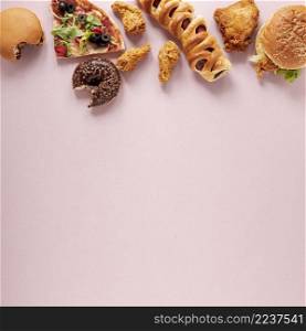 flat lay food frame with pink background
