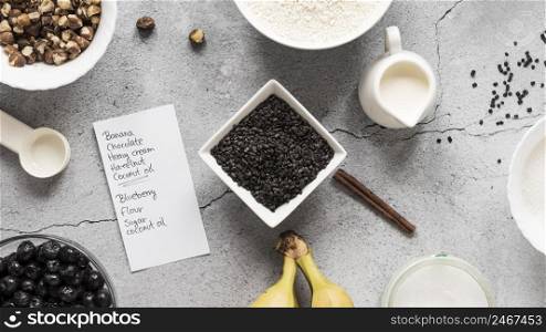 flat lay food ingredients with bananas