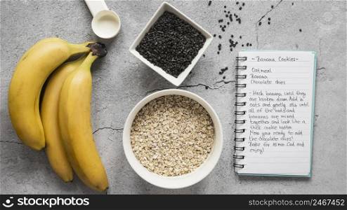 flat lay food ingredients with bananas notebook