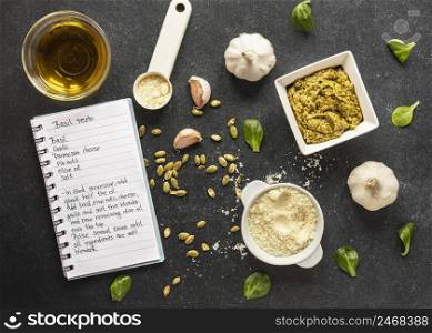 flat lay food ingredients with dough garlic