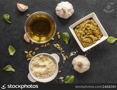 flat lay food ingredients with garlic dough