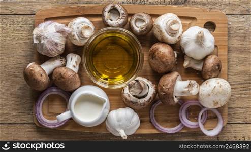 flat lay food ingredients with mushrooms