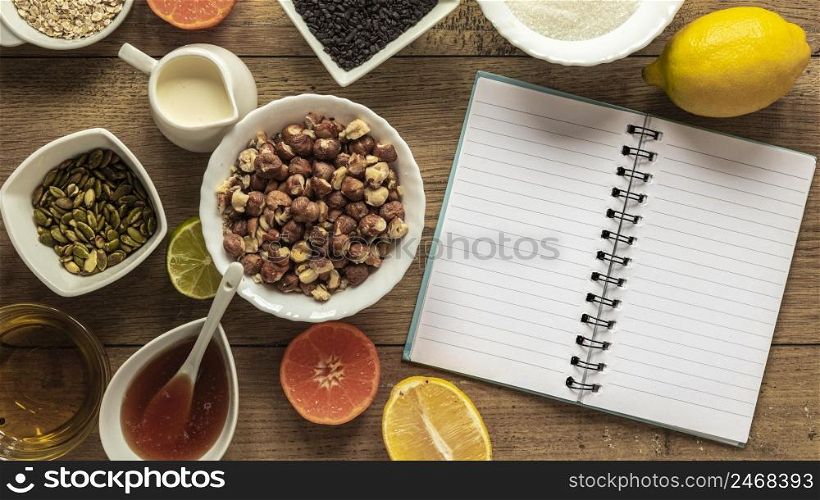 flat lay food ingredients with notebook 2