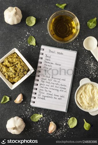 flat lay food ingredients with notebook oil
