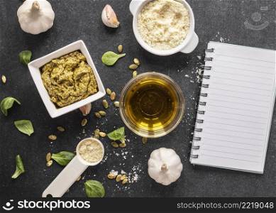 flat lay food ingredients with oil dough