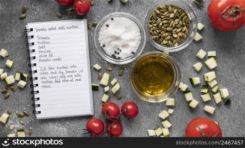 flat lay food ingredients with oil notebook