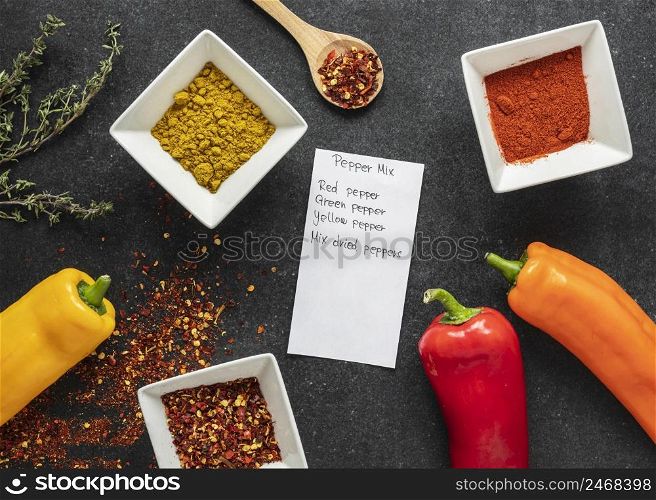 flat lay food ingredients with peppers spices