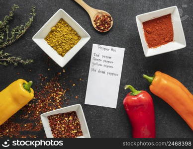 flat lay food ingredients with peppers spices