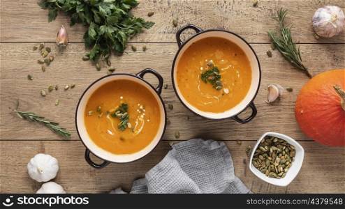 flat lay food ingredients with pumpkin soup