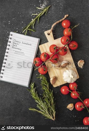 flat lay food ingredients with recipe tomatoes