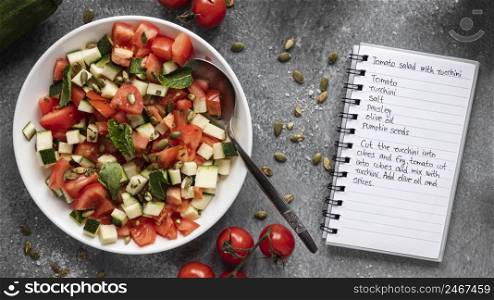 flat lay food ingredients with salad notebook