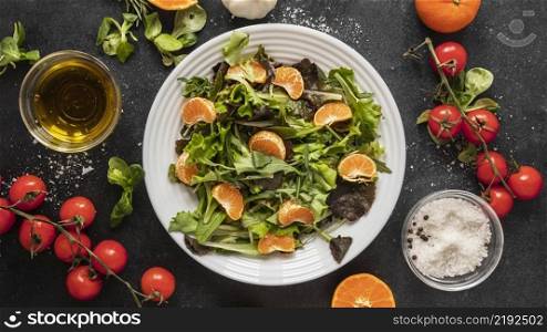 flat lay food ingredients with salad plate