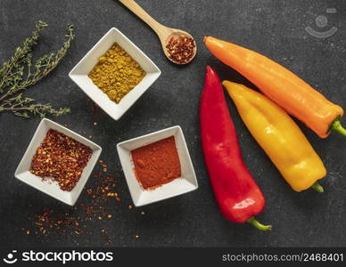 flat lay food ingredients with spices peppers